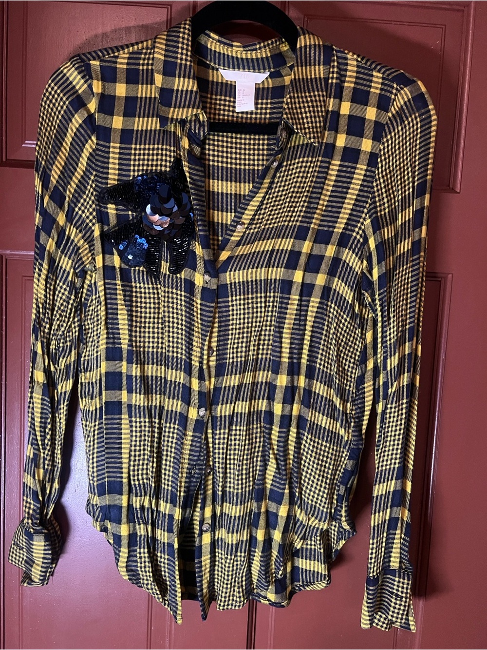 H&M Yellow and Black Plaid Button-Down Shirt with Sequin Pocket